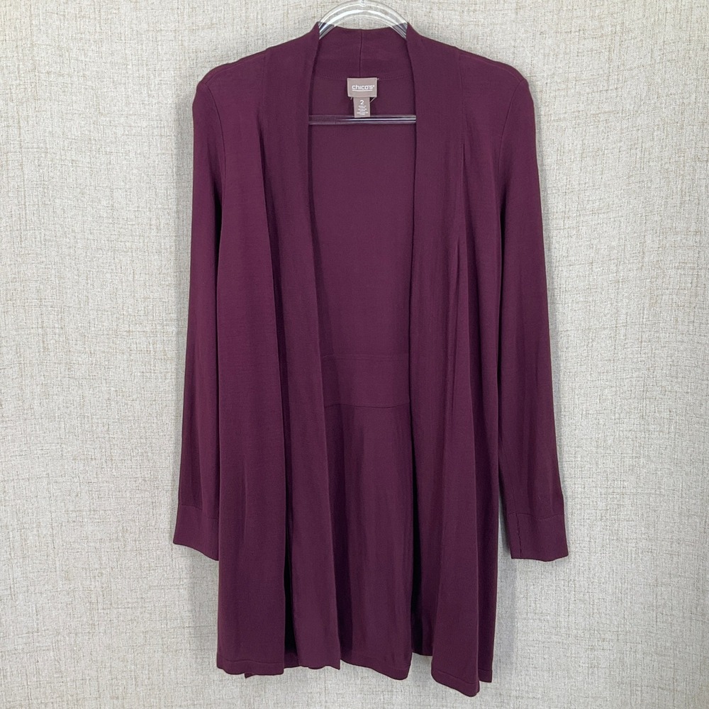 Chico's Cardigan Women Size 2 US L Purple Open Front Longline Minimalist Classic